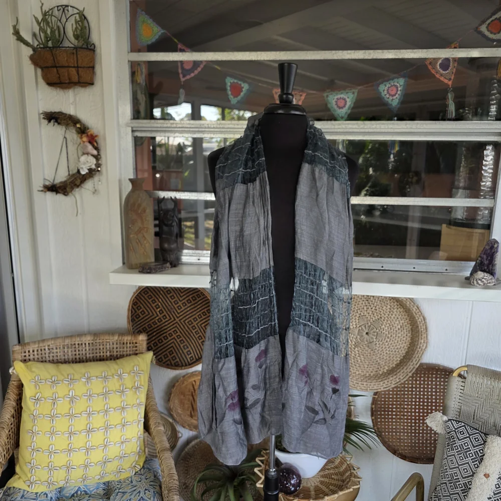 Fairy Wrap Bohemian Vintage Gray Gauze Scarf Patchwork Boho Chic - Picture 10 of 10